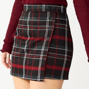 SO womens jrs faux wrap skirt schoolgirl goth red black green plaid NEW